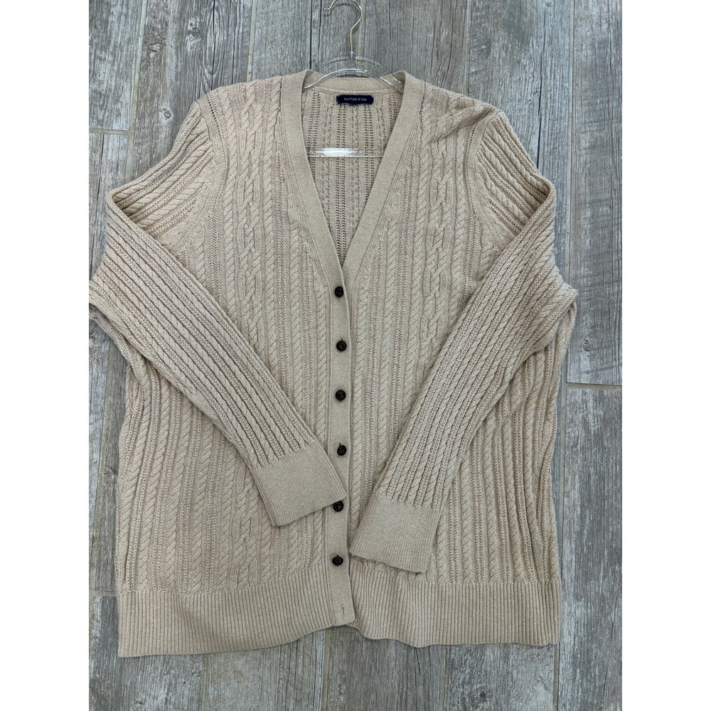 Lands' End Cardigan Sweater Womens XL Beige Cable Knit Button V-Neck